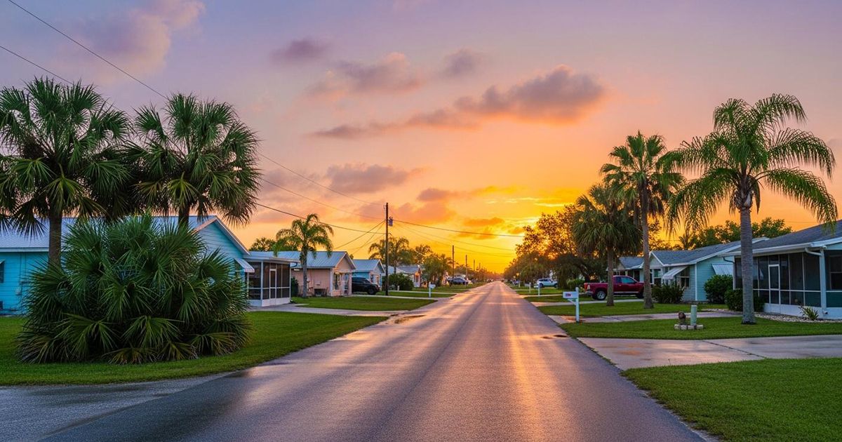 Palm-lined residential street at sunset with colorful homes in Okeechobee Florida