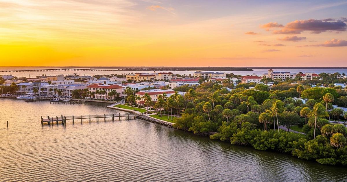 Aerial view of waterfront homes and marina docks at sunset in Dunedin Florida Pinellas County
