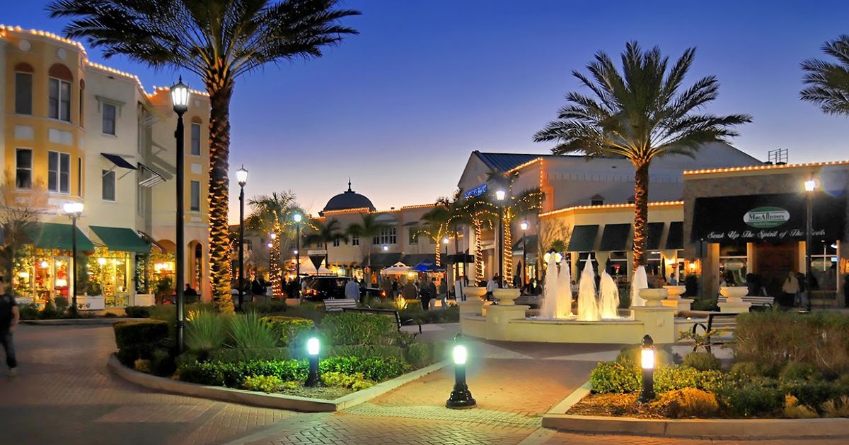 Main Street shops and fountain at dusk in Lakewood Ranch Florida Manatee County