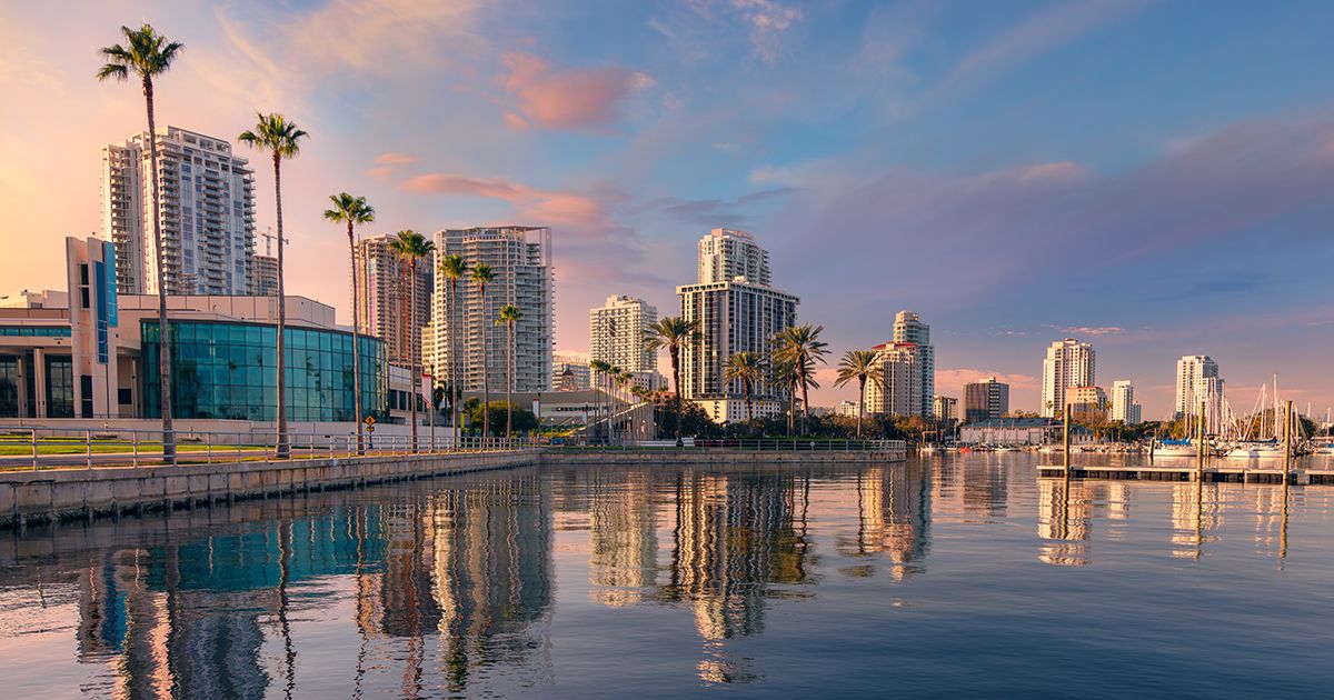 Downtown waterfront skyline and marina at sunset in the Pinellas Park area of Pinellas County Florida