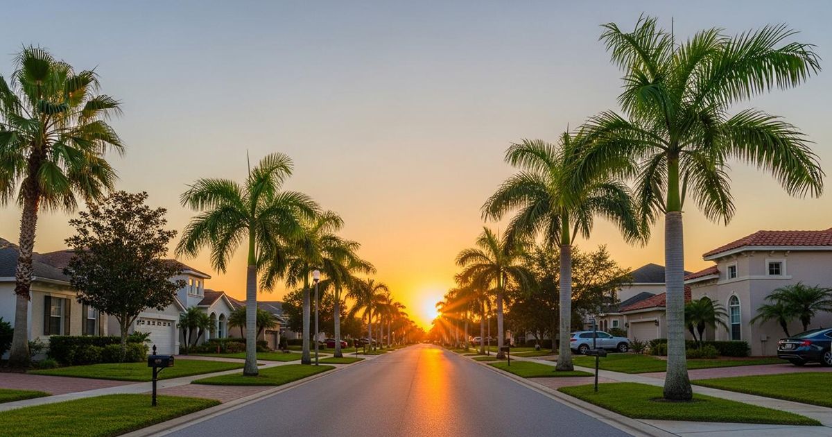 Palm-lined street at sunset in a new construction community in Davenport Florida Polk County