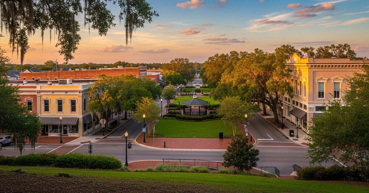 Aerial view of historic downtown Bartow Florida at sunset with courthouse square gazebo and brick buildings in Polk County
