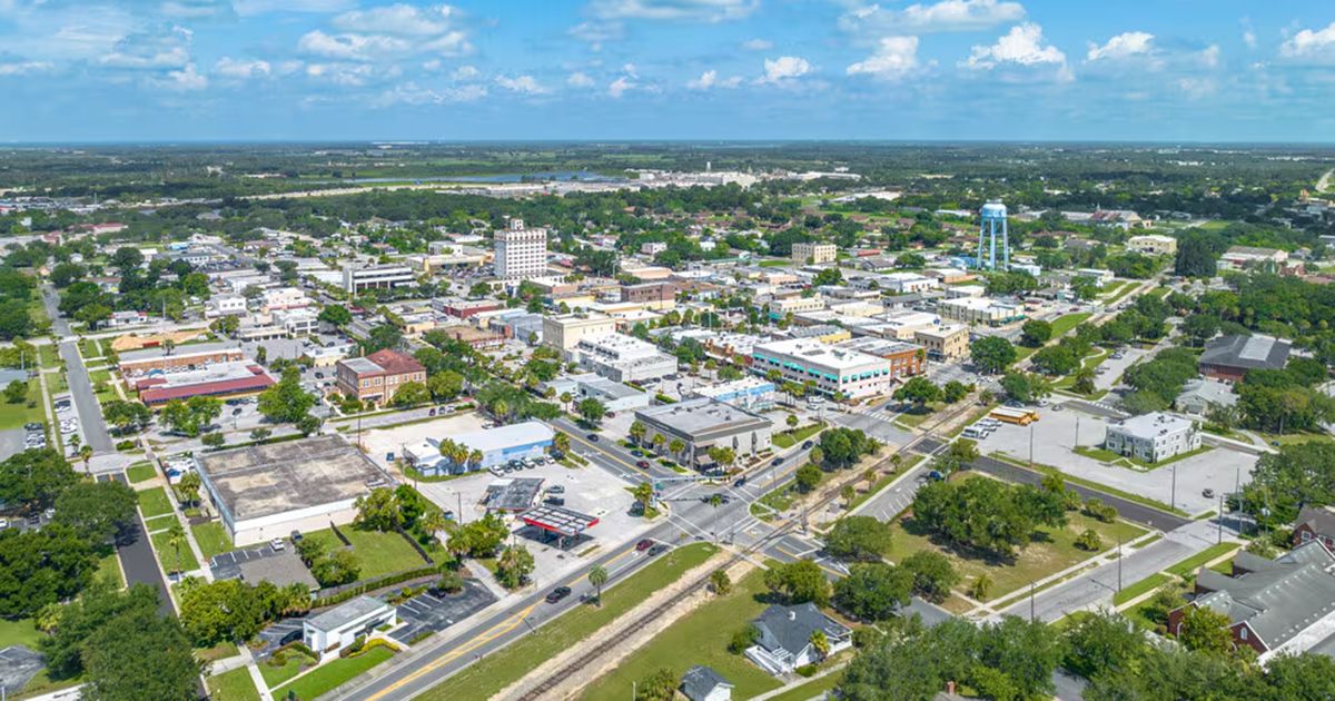 Aerial view of downtown Lake Wales Florida with water tower and historic buildings along the Ridge in Polk County