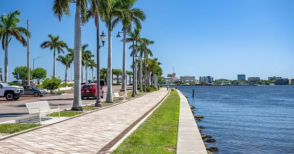 Palm-lined waterfront promenade along the Manatee River in Palmetto Florida Manatee County