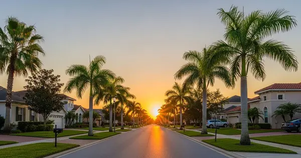 Palm-lined street at sunset in a new construction community in Davenport Florida Polk County