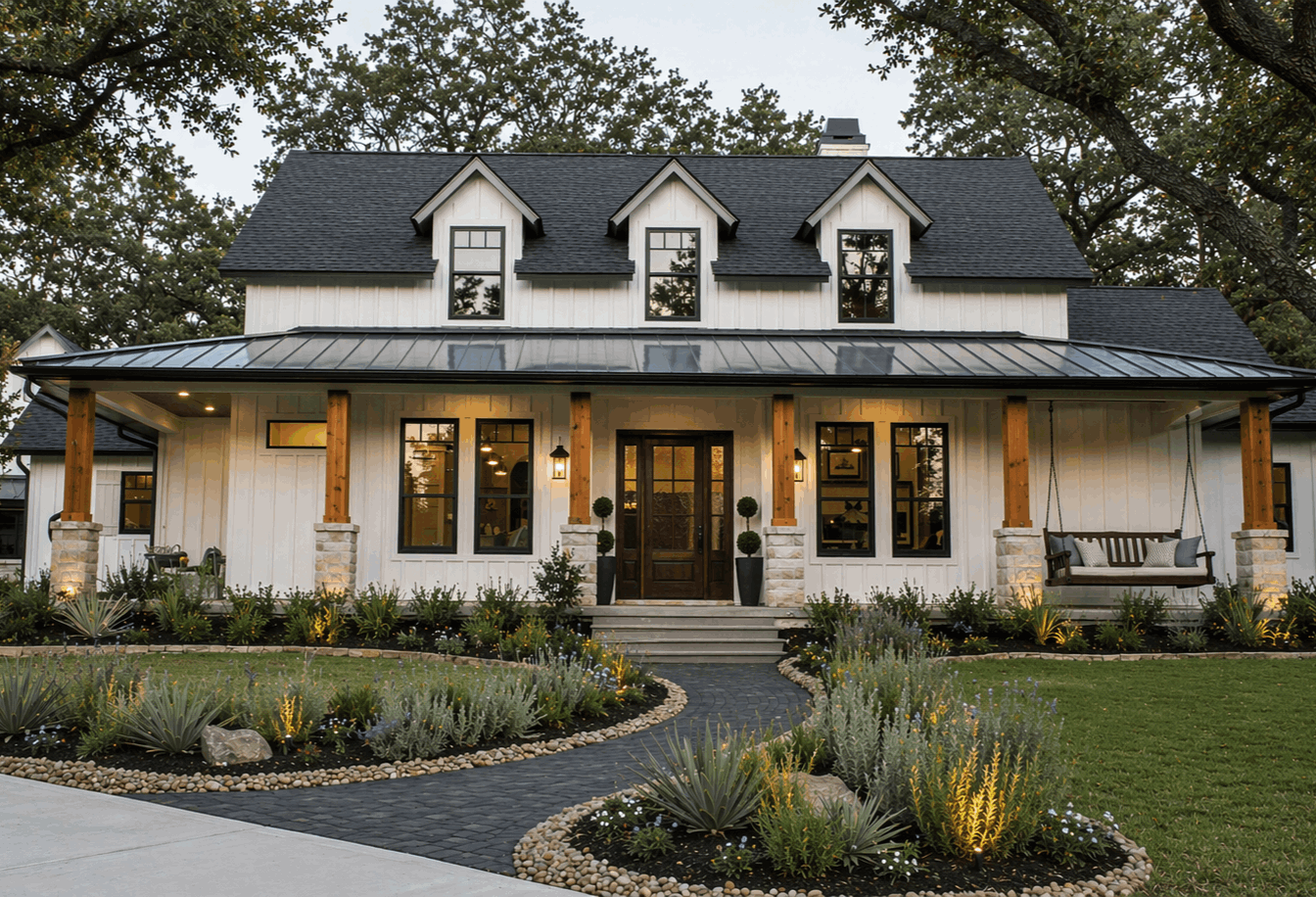 white ranch style home in texas with stained pillars and porch swing