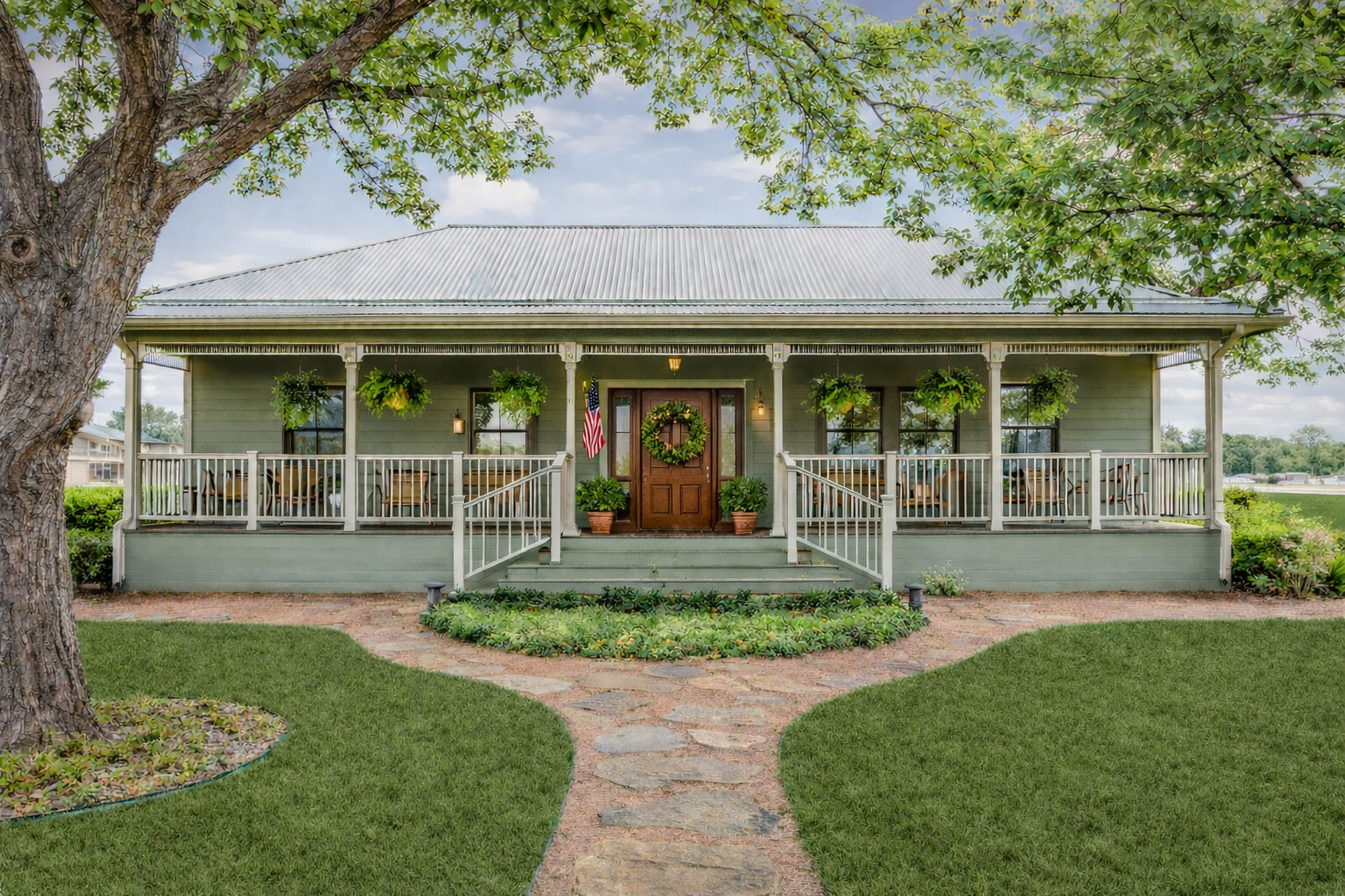 Southern home with porch and greenery