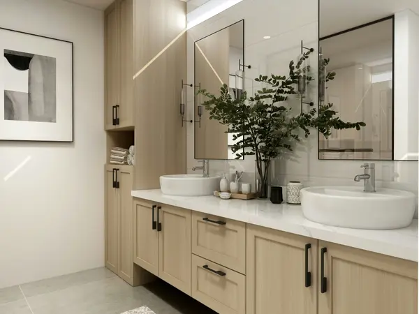 bathroom-with-light-cabinets-and-round-sinks