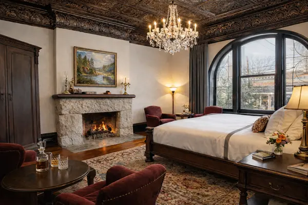 bed and breakfast with fireplace and chandelier