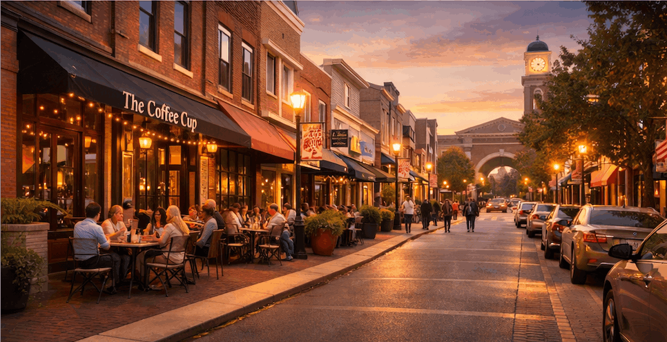 Downtown street with restaurants and shops