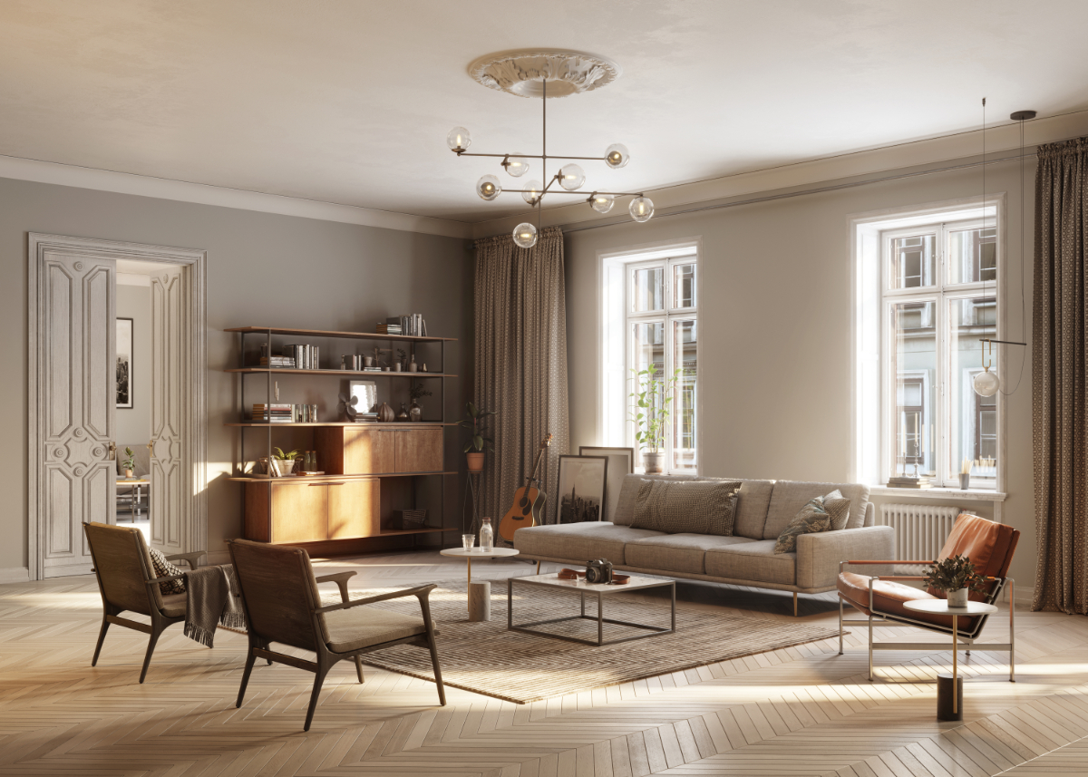Cozy traditional living room with chandelier, bookcase, sofa seating and warm neutral tones, large windows letting in daylight.