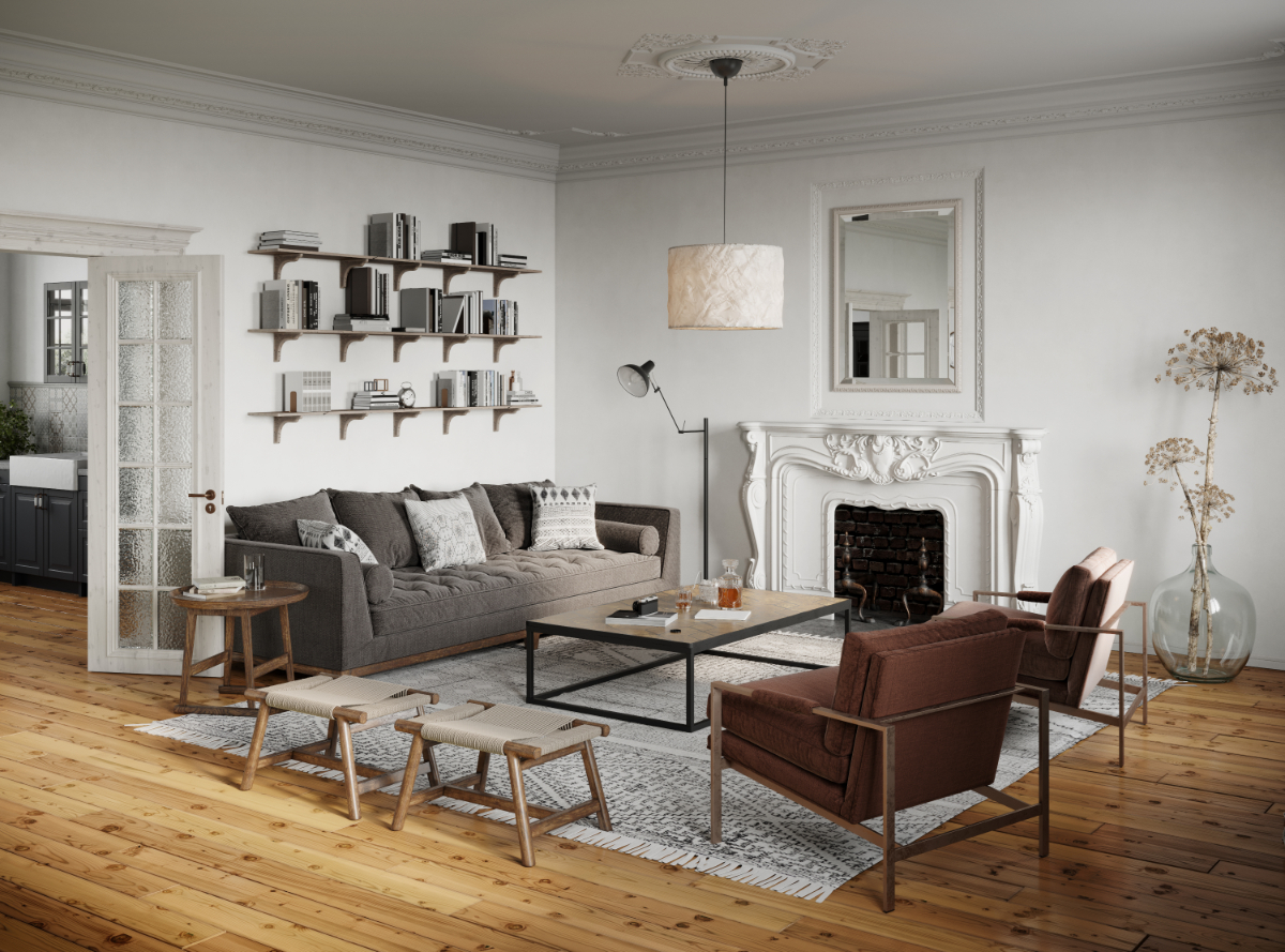 Elegant living room with decorative mantel fireplace, built-in bookshelf, grey sofa, and neutral-toned decor, wide view of a classic styled sitting area.