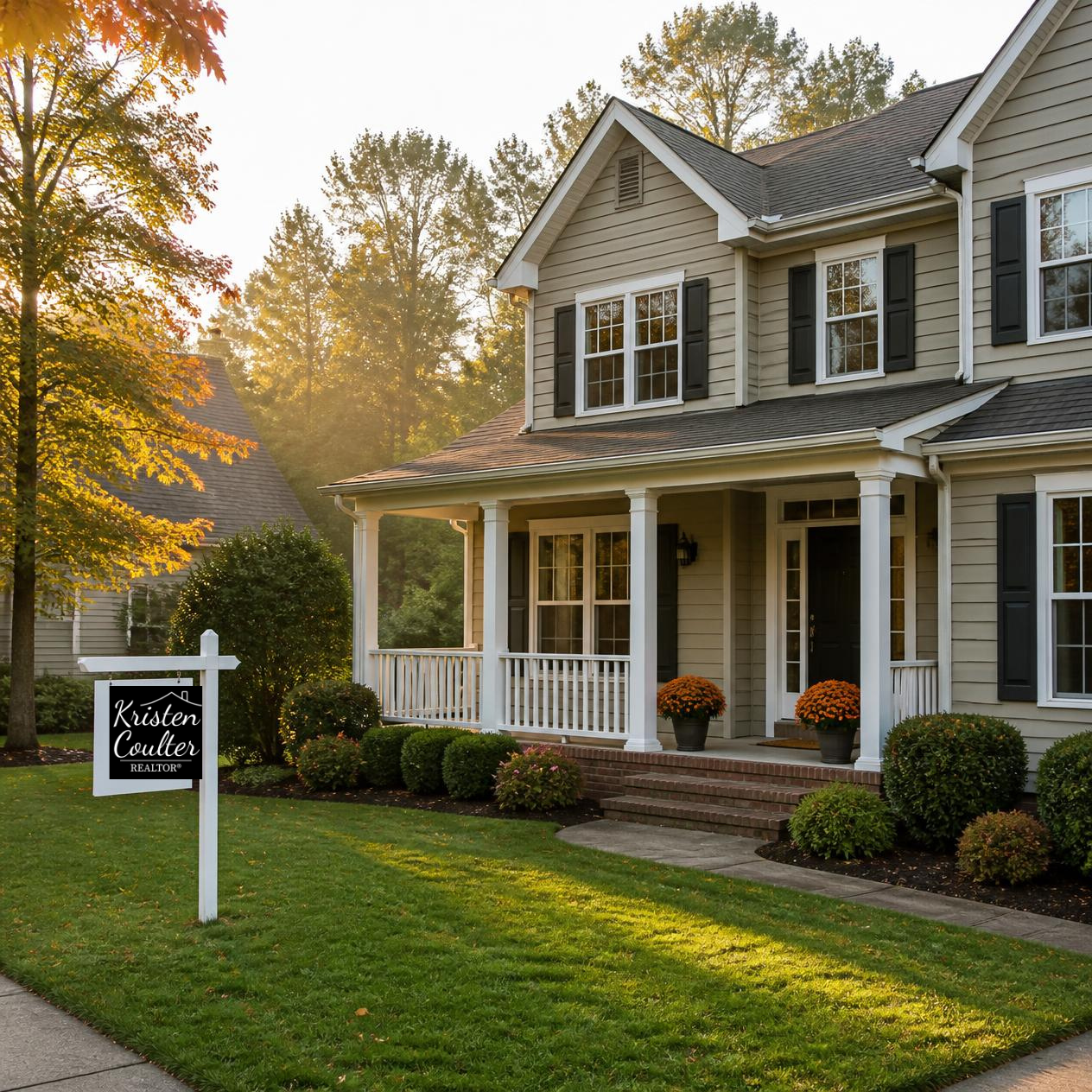 A welcoming two-story North Carolina home in early fall, featuring a clean, freshly staged front porch with orange mums and a simple doormat. A neatly trimmed lawn, For Sale sign, and trees showing early autumn colors create a warm first impression in the soft morning light.