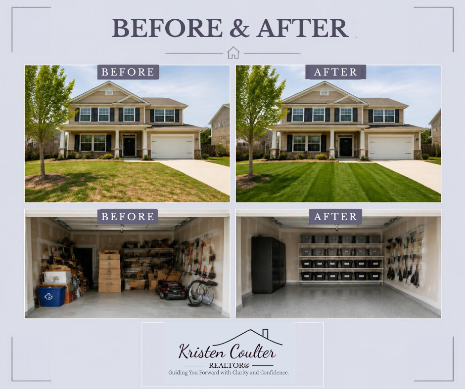 Before-and-after comparison showing two home improvement projects. The top images feature a two-story home with a patchy, brown lawn transformed into a lush, green, freshly mowed yard. The bottom images show a cluttered garage filled with boxes, tools, and equipment transformed into a clean, organized space with shelving, labeled storage bins, and an epoxy-coated floor. Branded with Kristen Coulter, REALTOR®, and the tagline “Guiding You Forward with Clarity and Confidence.”
