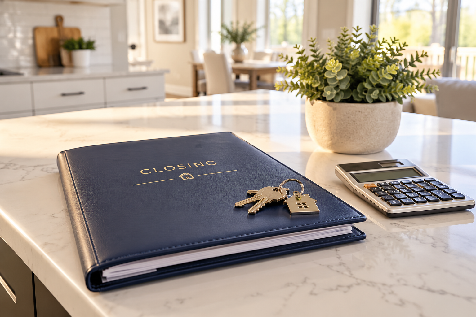 Close-up of a kitchen island in a bright, modern home, featuring a navy blue closing folder, house keys with a house-shaped keychain, and a calculator on a white quartz countertop. A small green plant adds warmth, while soft afternoon sunlight fills the open-concept kitchen and dining area in the background.
