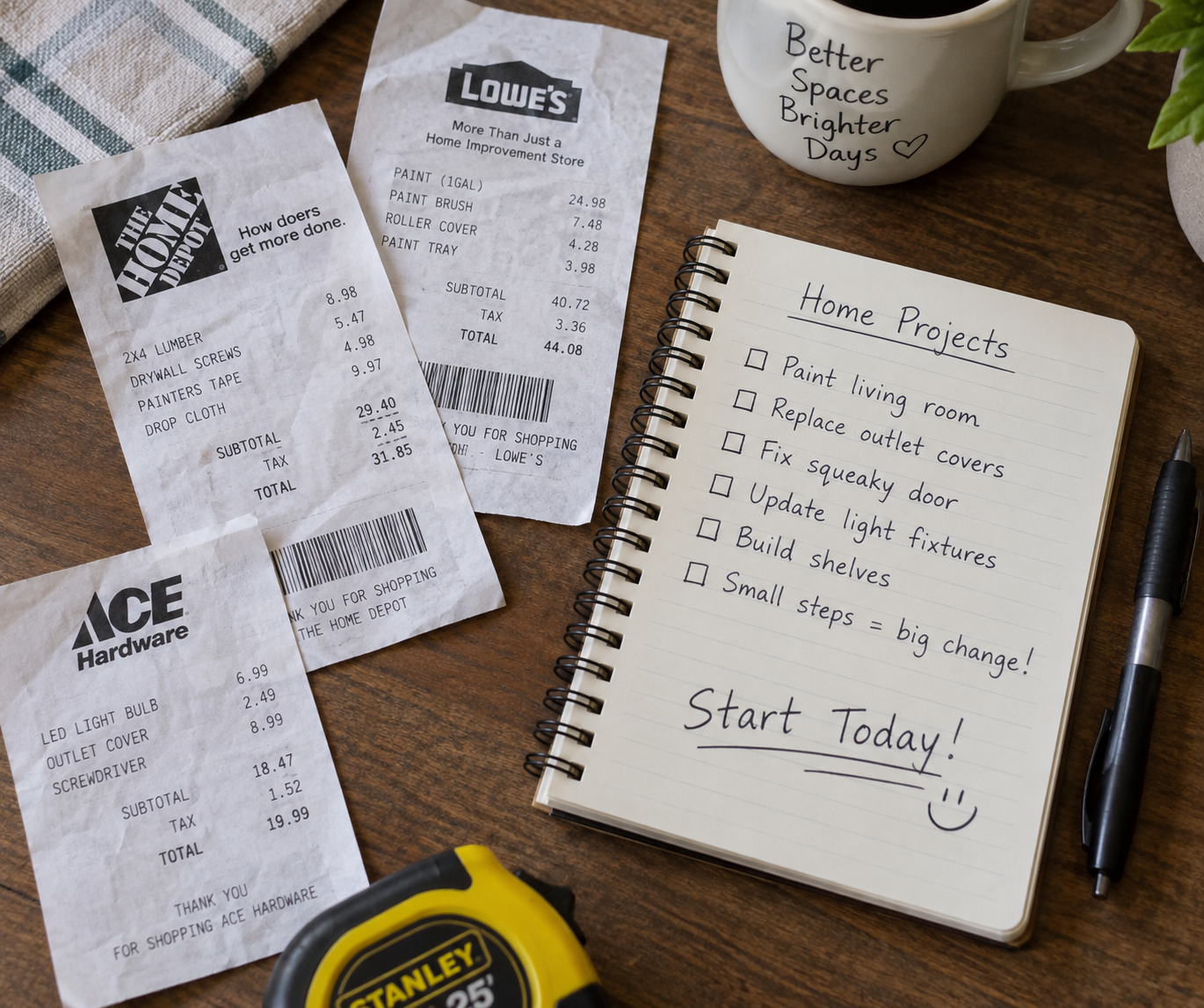 Overhead view of home improvement receipts scattered beside a spiral notebook with a home project checklist and “Start Today!” written at the bottom, along with a coffee mug, pen, and tape measure.