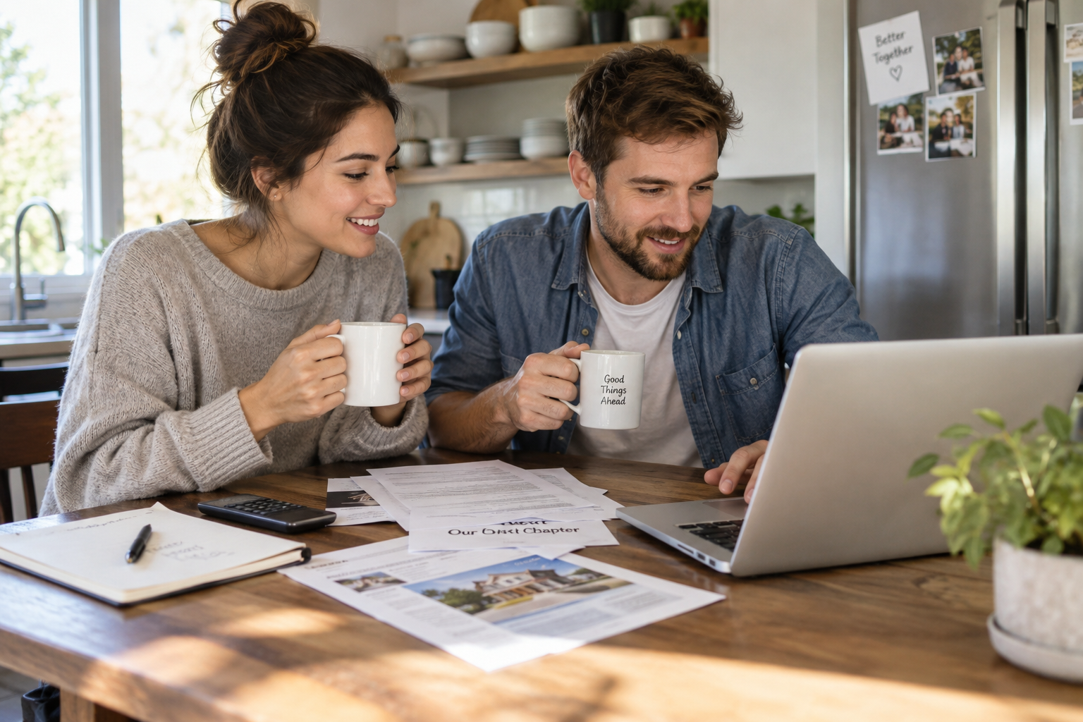 Young couple sitting together at a sunlit kitchen table, reviewing paperwork and a laptop over coffee, appearing relaxed, engaged, and confident as they gather information about buying a home.