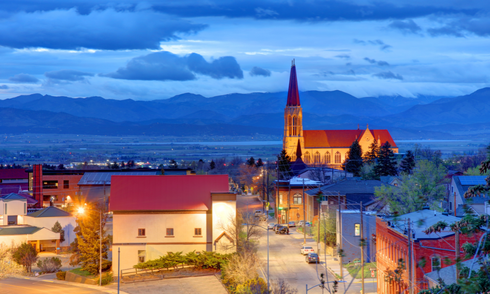 View of Last Chance Gulch and the surrounding mountains in Helena, Montana