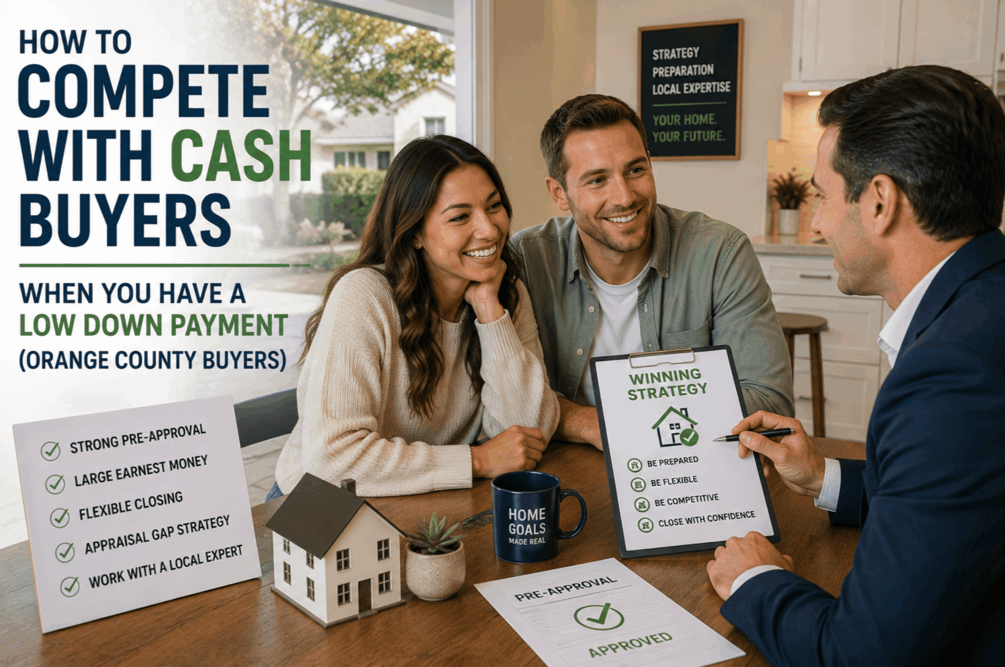 Graphic titled How to Compete With Cash Buyers When You Have a Low Down Payment, listing a strong pre-approval, large earnest money, a flexible closing, an appraisal gap strategy and working with a local expert