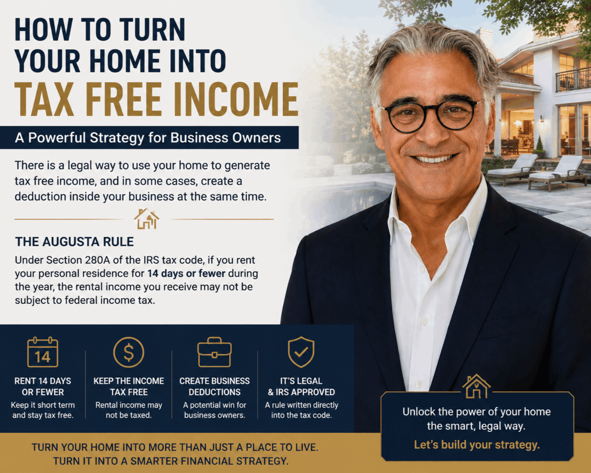 Graphic titled How to Turn Your Home Into Tax Free Income, explaining the Augusta Rule for renting a personal residence 14 days or fewer, with Dar Mardan of Vidar Group Real Estate