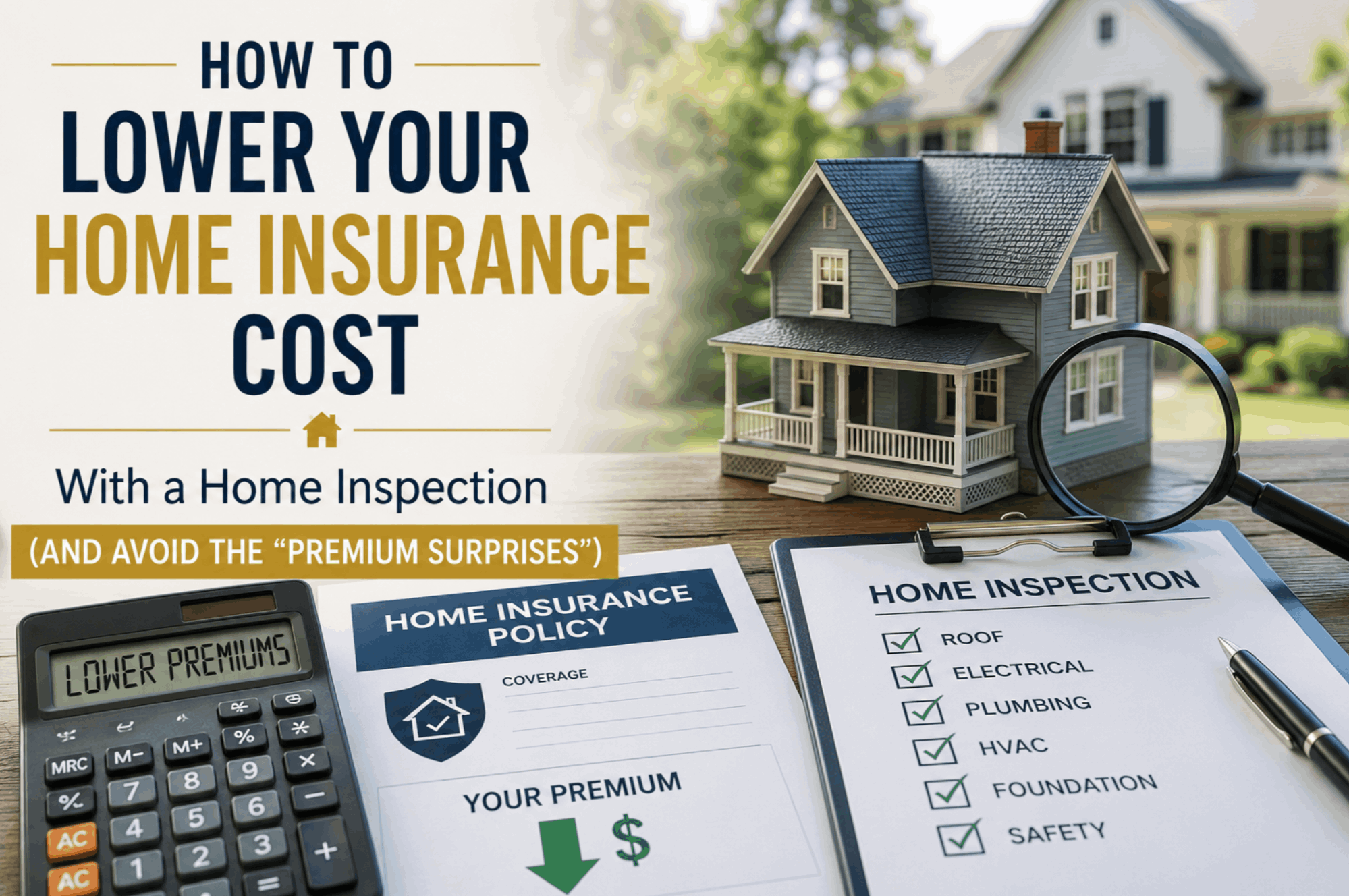 Graphic titled How to Lower Your Home Insurance Cost With a Home Inspection, showing an insurance policy beside an inspection checklist covering roof, electrical, plumbing, HVAC, foundation and safety