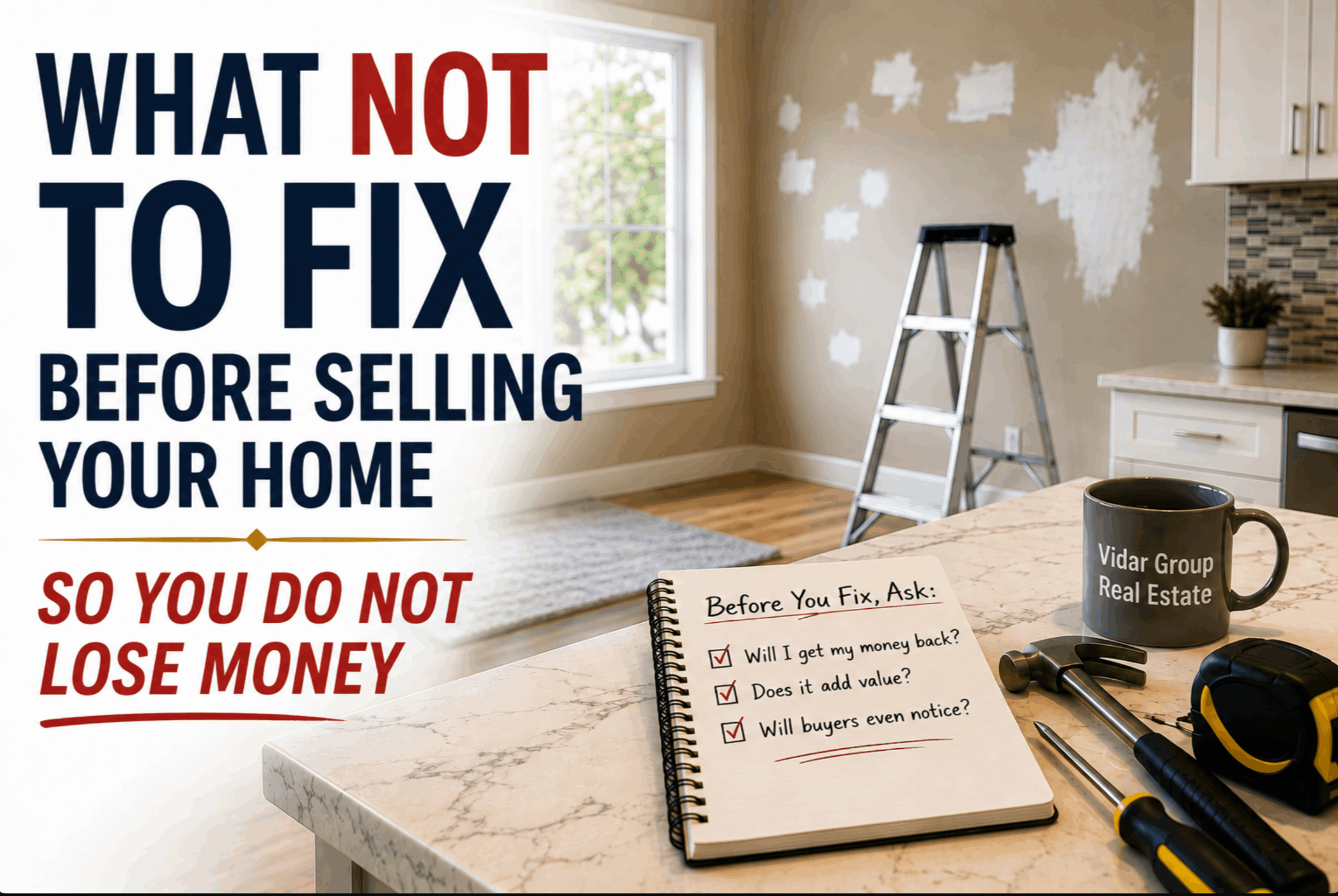 Graphic titled What Not to Fix Before Selling Your Home So You Do Not Lose Money, showing a renovation checklist and tools on a kitchen counter