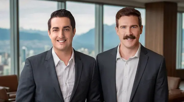 Kyle Lamb (left) and James Anderson (right) of Kyle Lamb Real Estate Group, standing together in front of large windows overlooking the city and mountains.