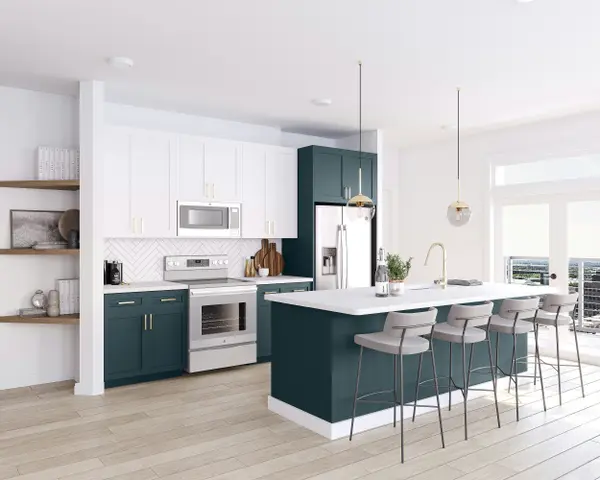Bright modern teal kitchen 3D rendering