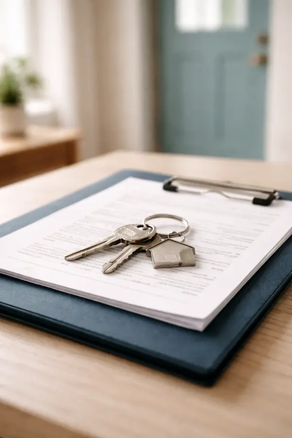 Silver house keys resting on real estate paperwork on a light wood table, with a deep teal folder underneath and a softly blurred teal front door in the background.