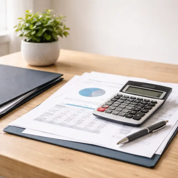 Bright modern desk with organized financial documents, a calculator and pen on a light wood surface, a charcoal gray folder, and a small green plant in soft natural daylight.