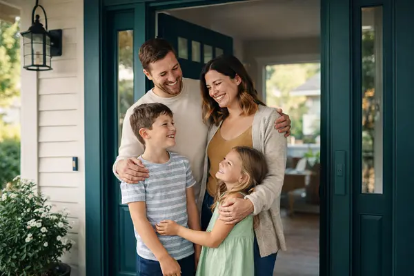 Smiling family of four standing together in the open doorway of their new home, with a deep teal front door and soft natural daylight creating a warm, welcoming scene.