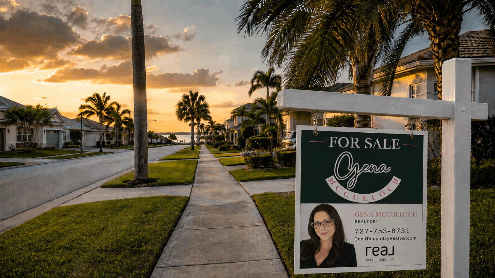 Quiet Tampa Bay residential street at golden hour with palm trees, Florida homes, and a real estate For Sale sign in the foreground.