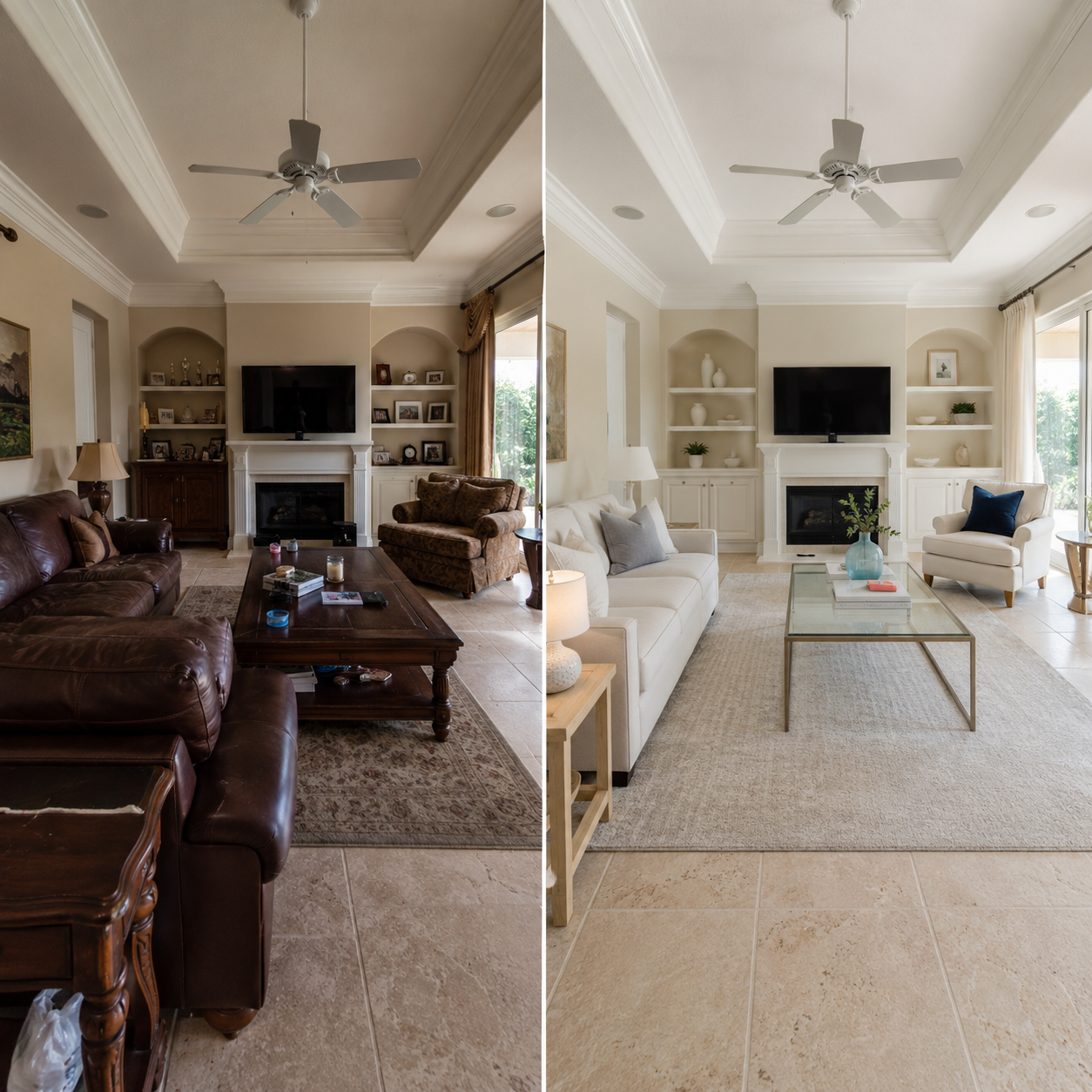 Before-and-after comparison of a dated living room transformed with bright, modern home staging.