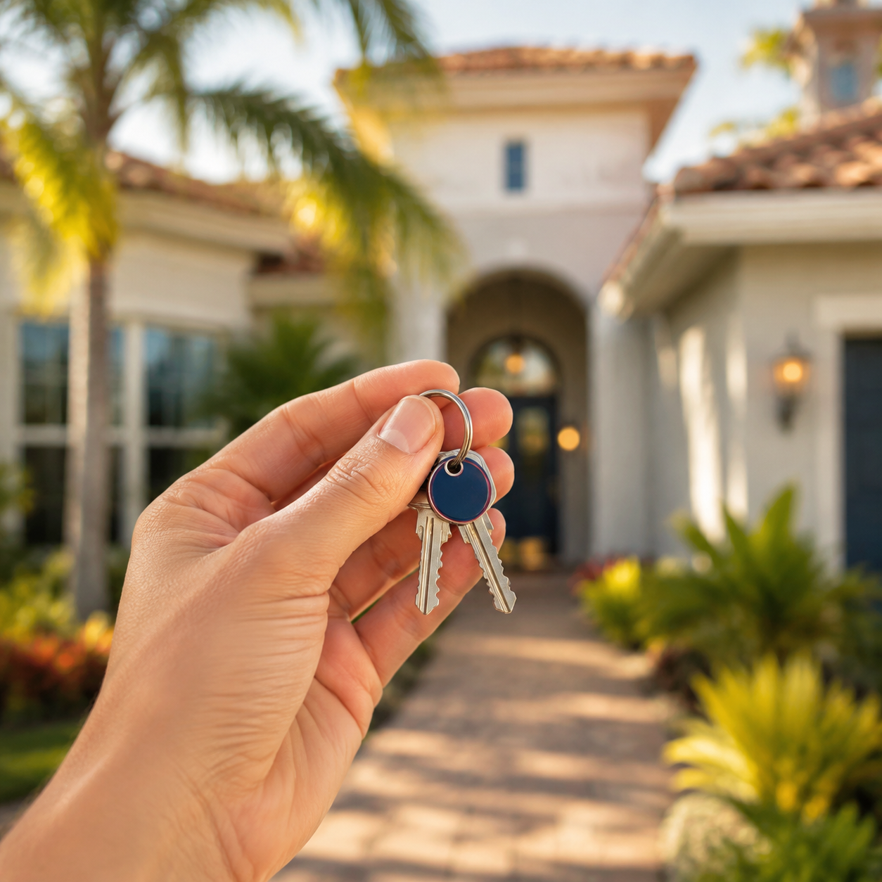 Hand holding house keys in front of a sunlit Florida home.