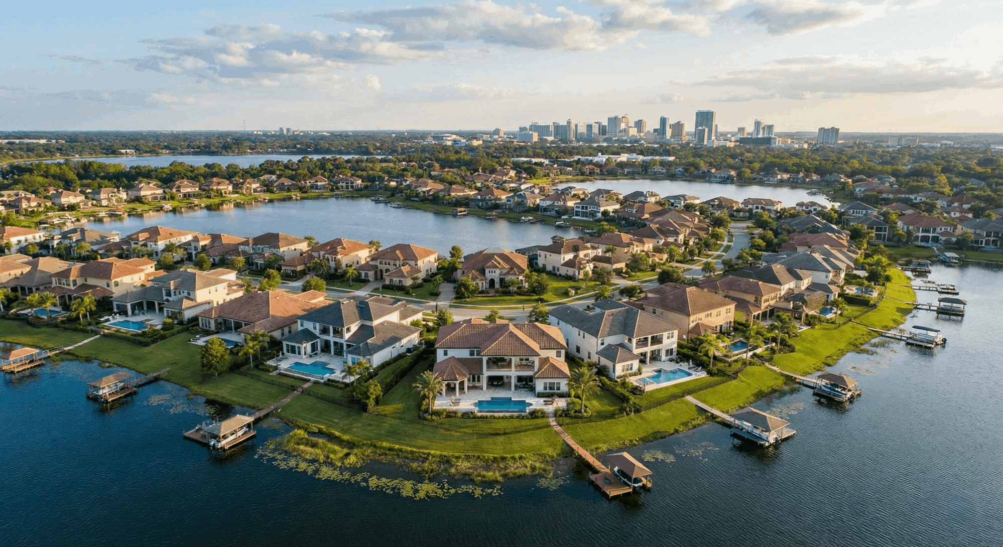 Orlando Florida housing market neighborhood aerial view with downtown skyline.