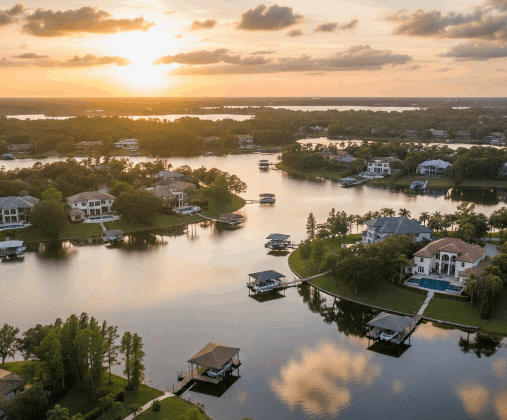 Aerial view of Windermere Florida luxury homes along the Butler Chain of Lakes