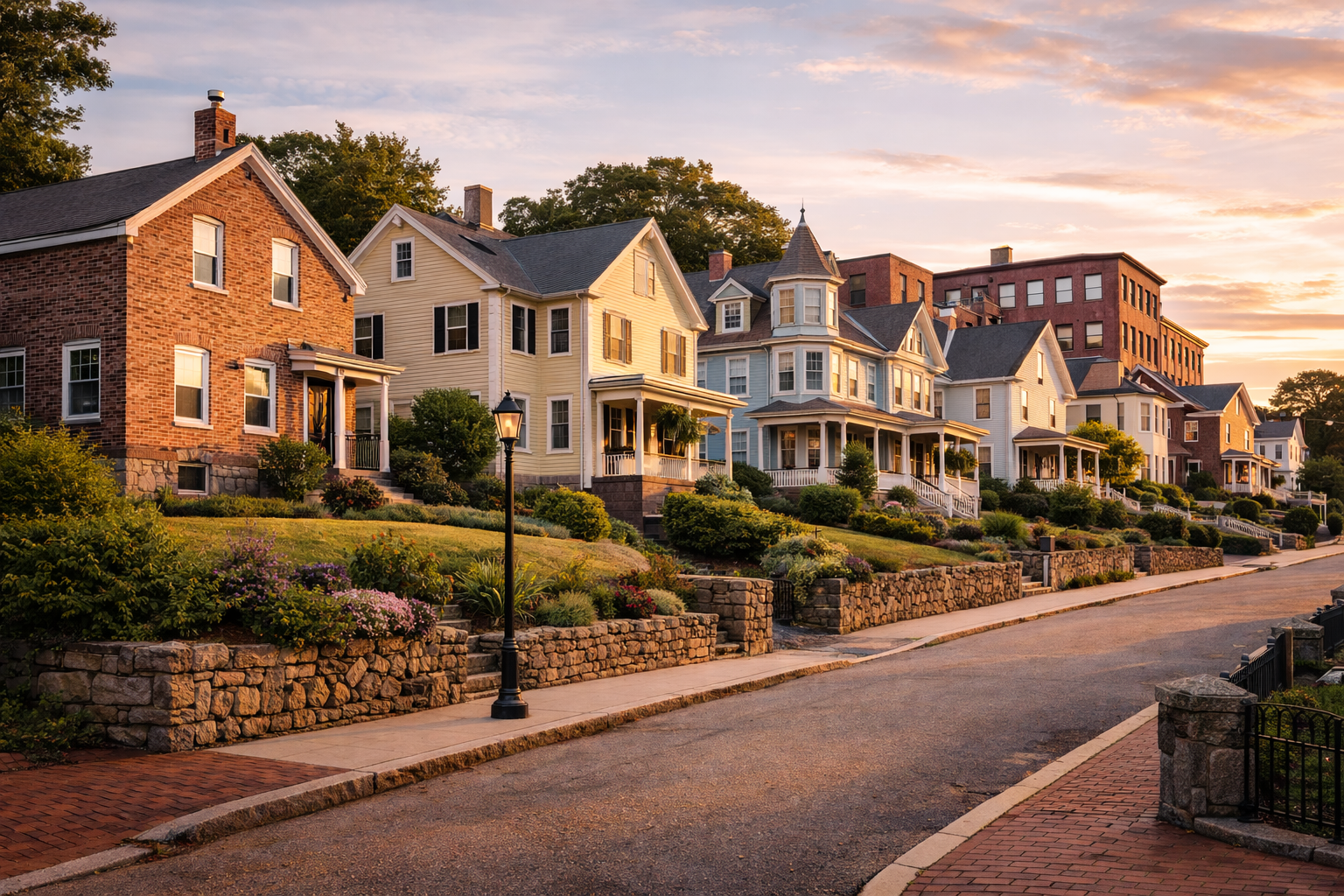Colonial and Victorian style homes in a residential neighborhood in Waltham Massachusetts