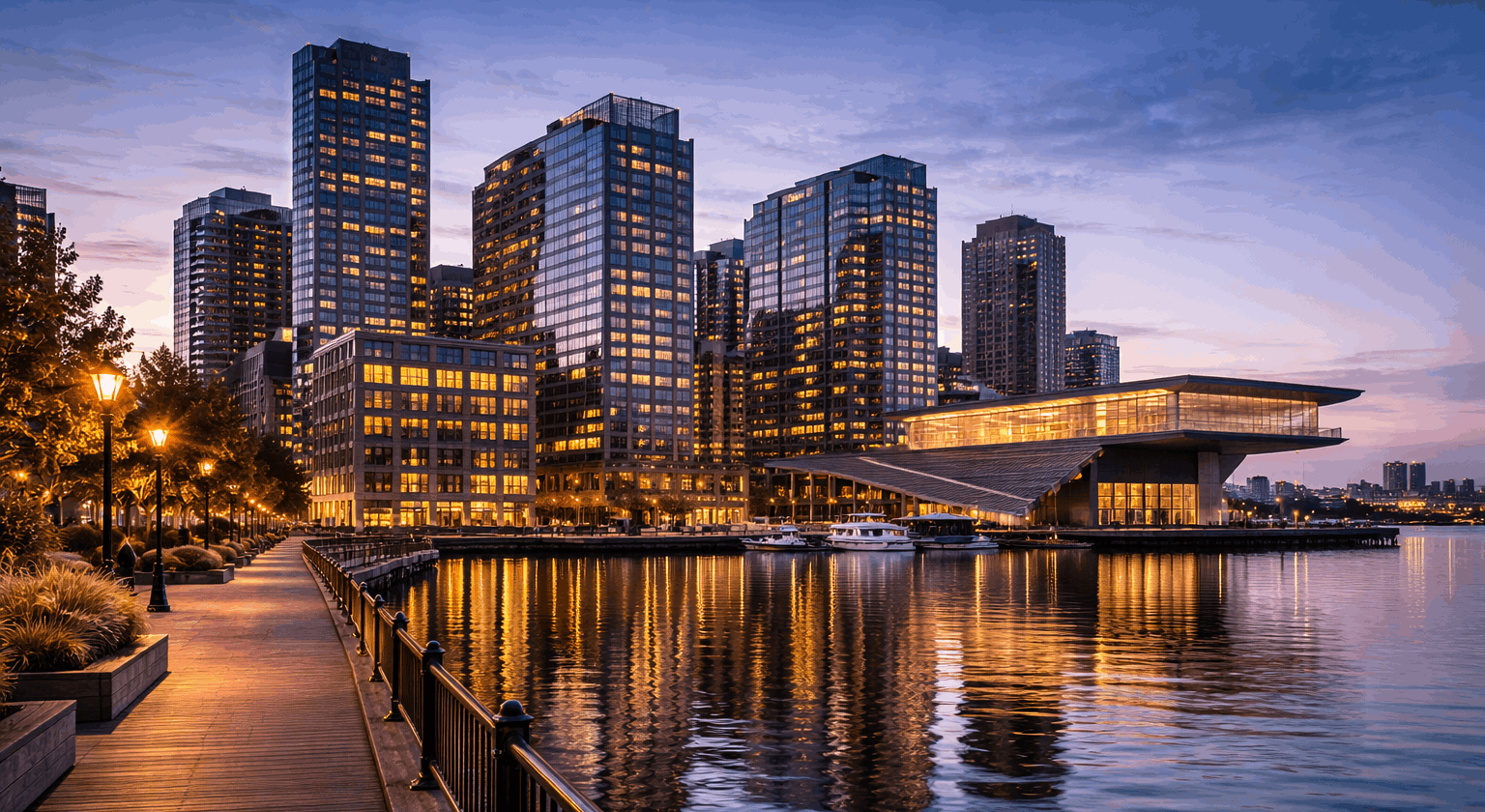 Boston Seaport District waterfront near Fan Pier with modern glass towers and harborwalk