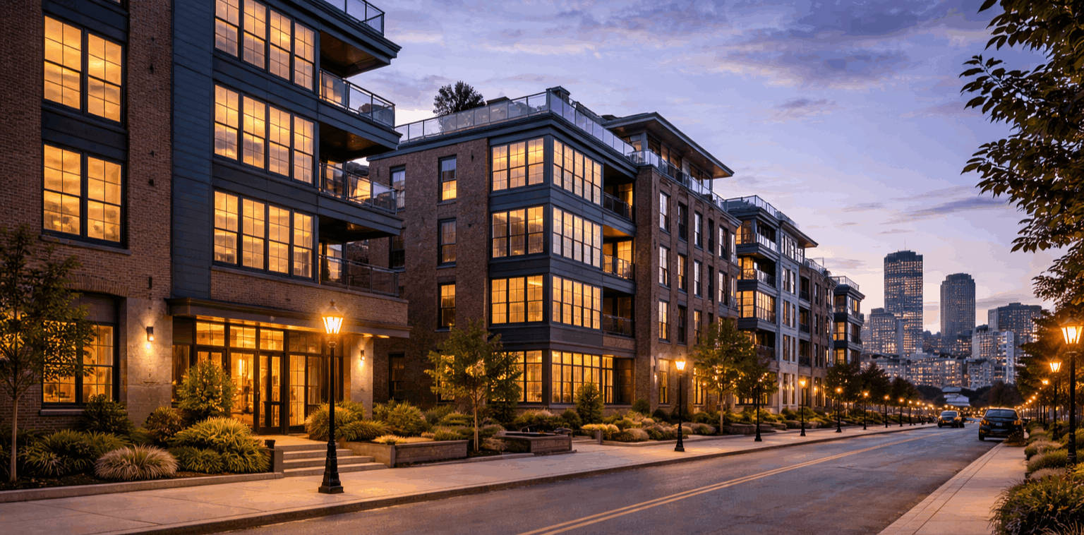 Modern condominium buildings and residential streets in South Boston Massachusetts