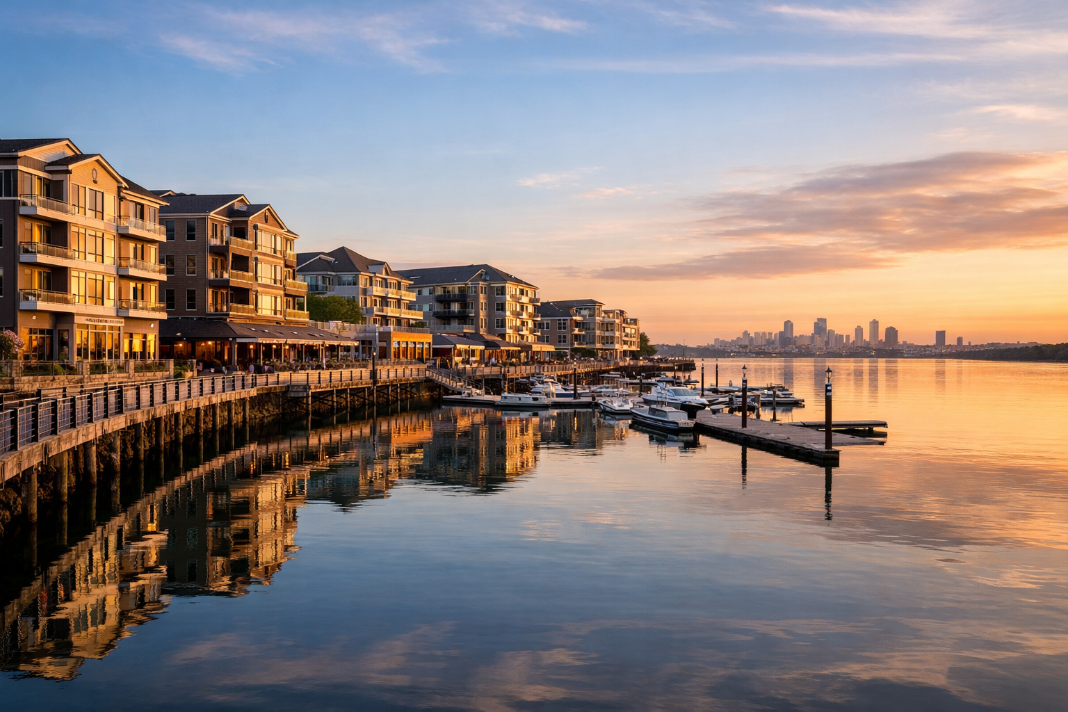 Waterfront view of Marina Bay and residential buildings in Quincy Massachusetts near Boston