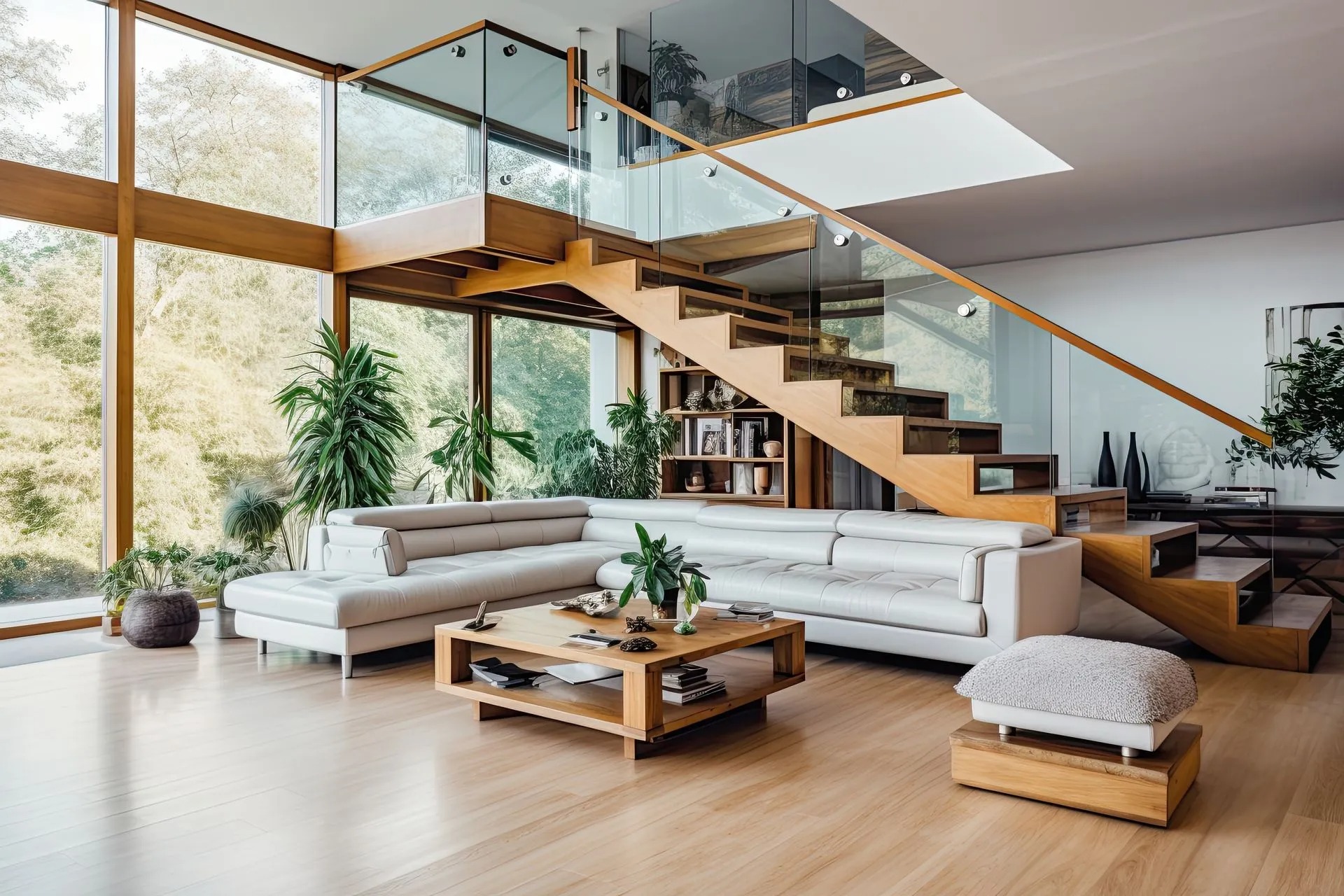 Bright modern luxury living room with an open staircase