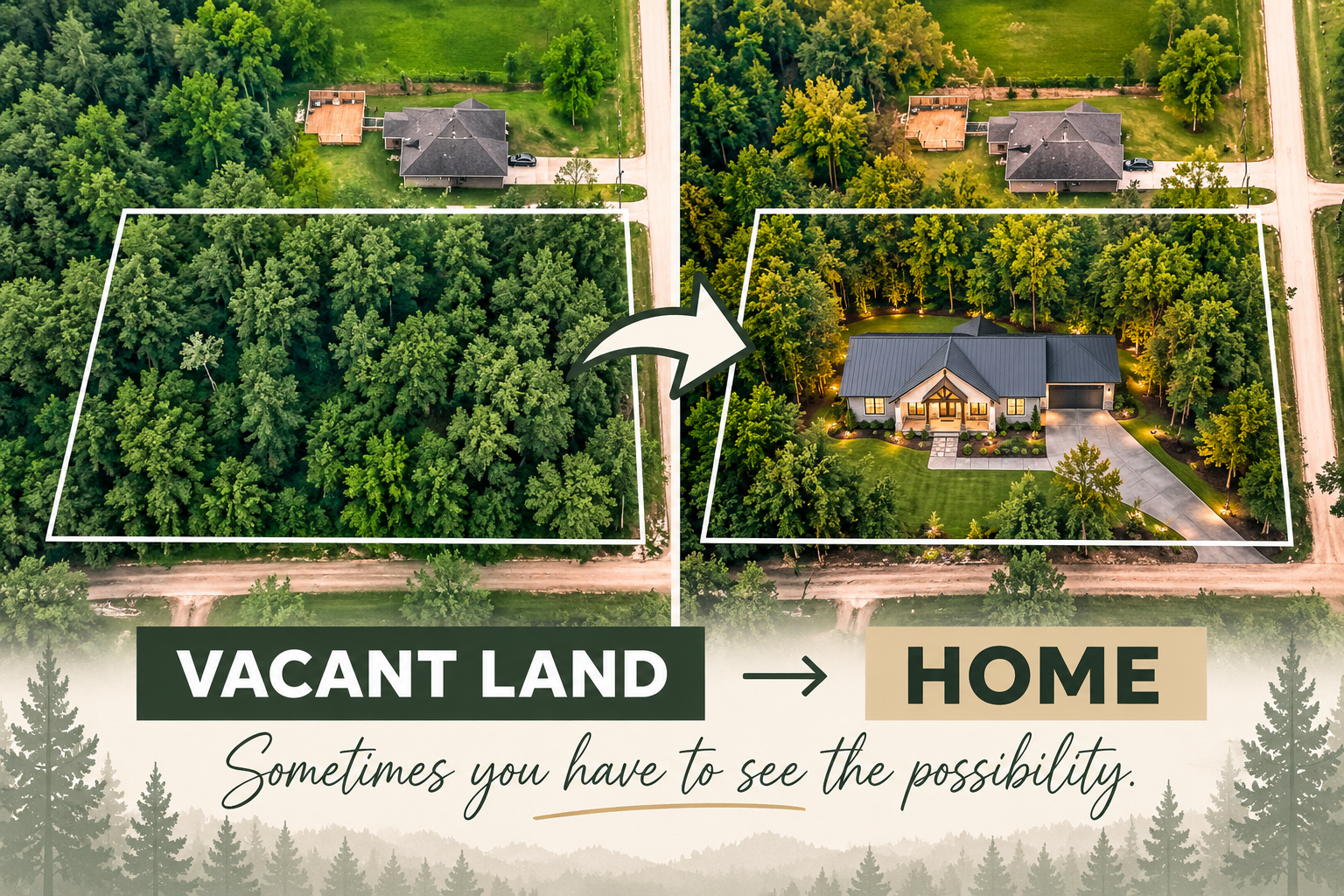 Vacant wooded land transformed into a finished homesite, showing the possibilities of buying land and building a home in Texas.
