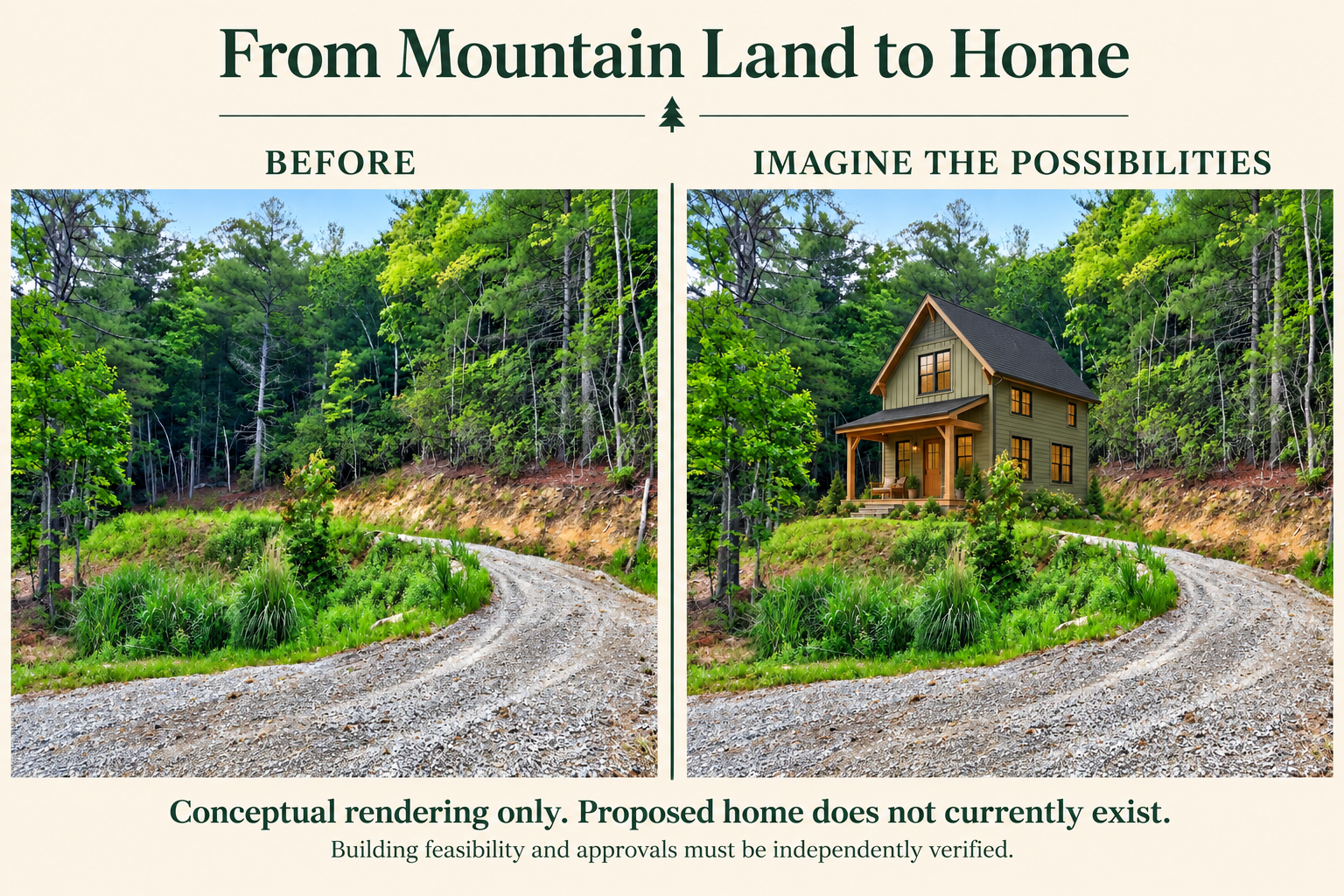 Side-by-side comparison of a wooded Western North Carolina homesite beside a gravel driveway and a conceptual rendering of a sage-green two-story cottage with a covered porch. The illustrated home does not currently exist.