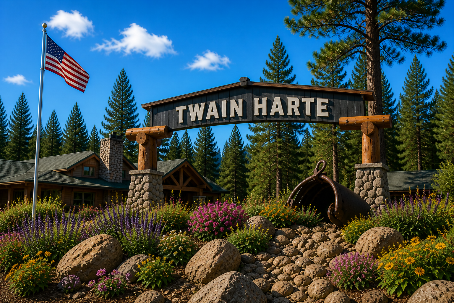 Twain Harte lodge entrance in daylight