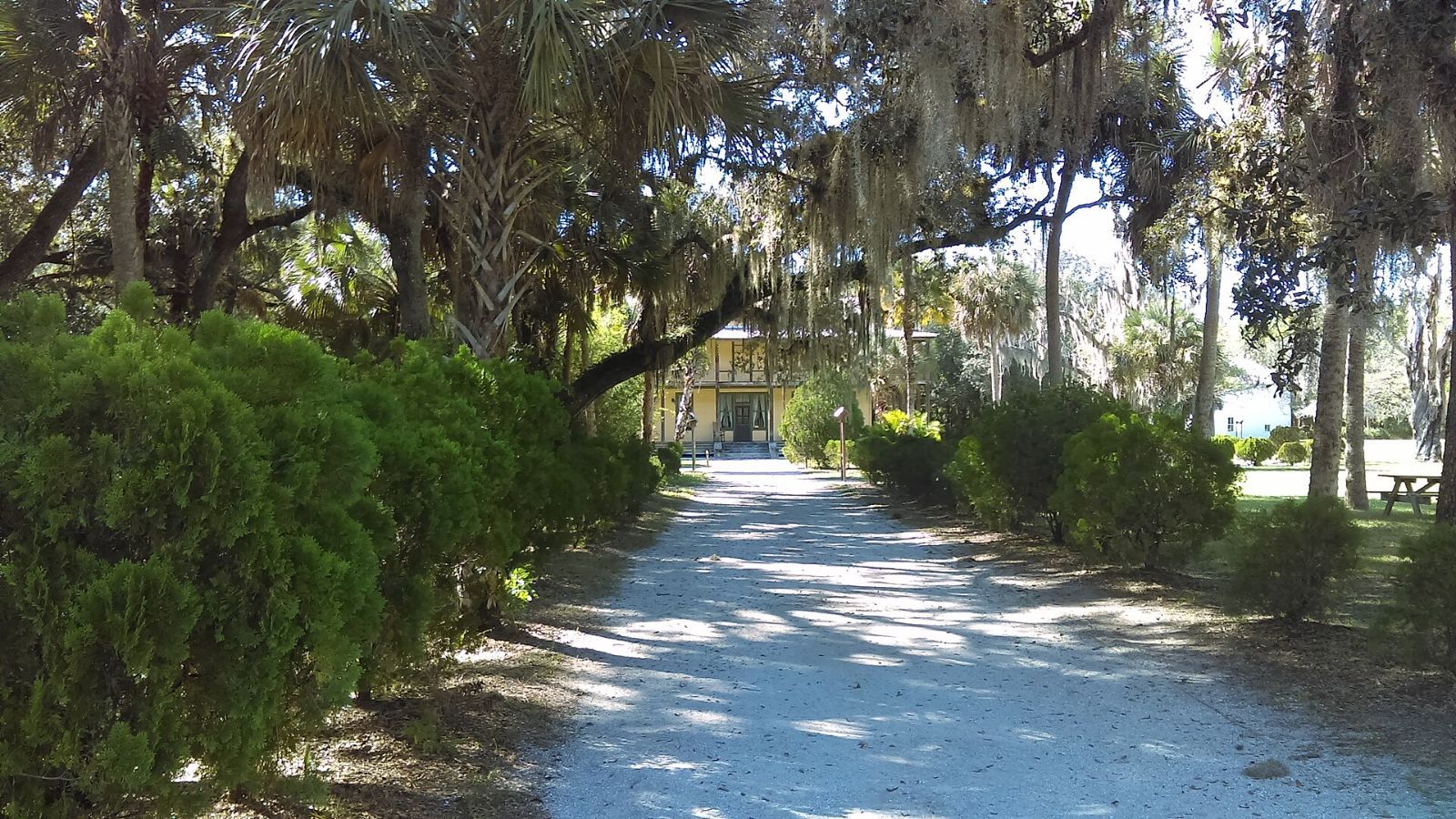 A shaded trail under oak trees at Koreshan State Park in Estero