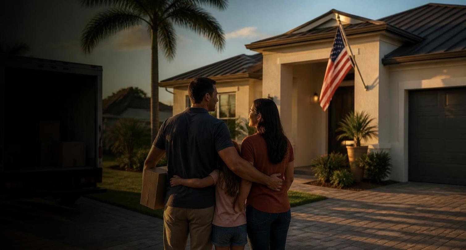 Military family arriving at their new home in Southwest Florida with an American flag on the porch (AI-generated illustration)