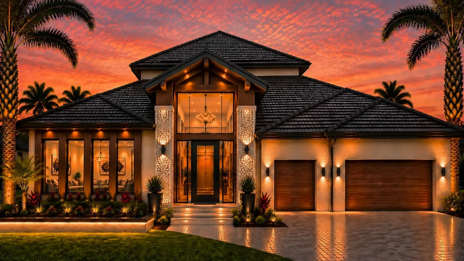 Bahnam Builders luxury new construction home in Cape Coral, Florida, at twilight