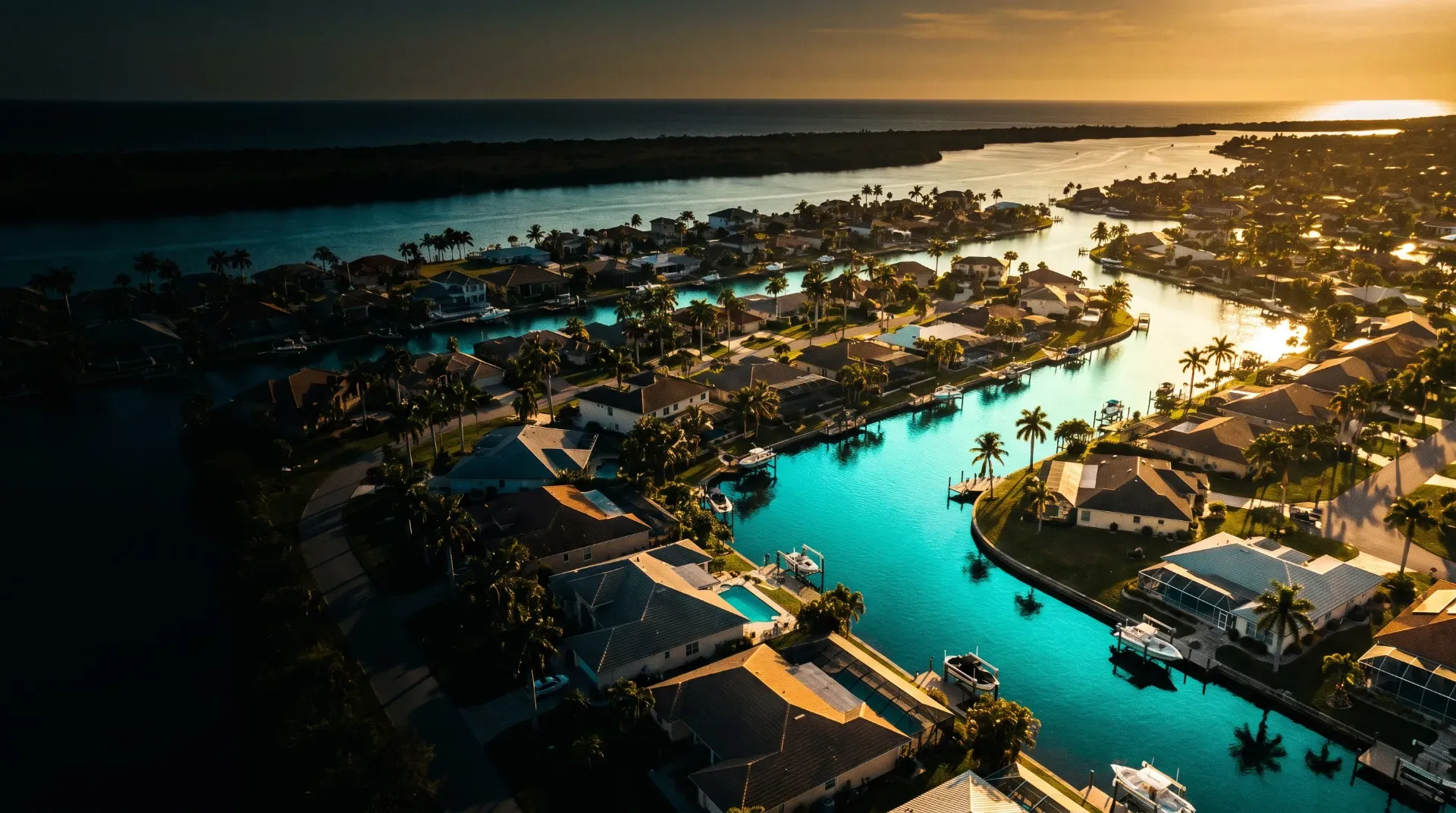 Luftaufnahme von Cape Coral, Florida: Kanäle mit Golfzugang und Häuser am Wasser zur goldenen Stunde (KI-generierte Illustration)