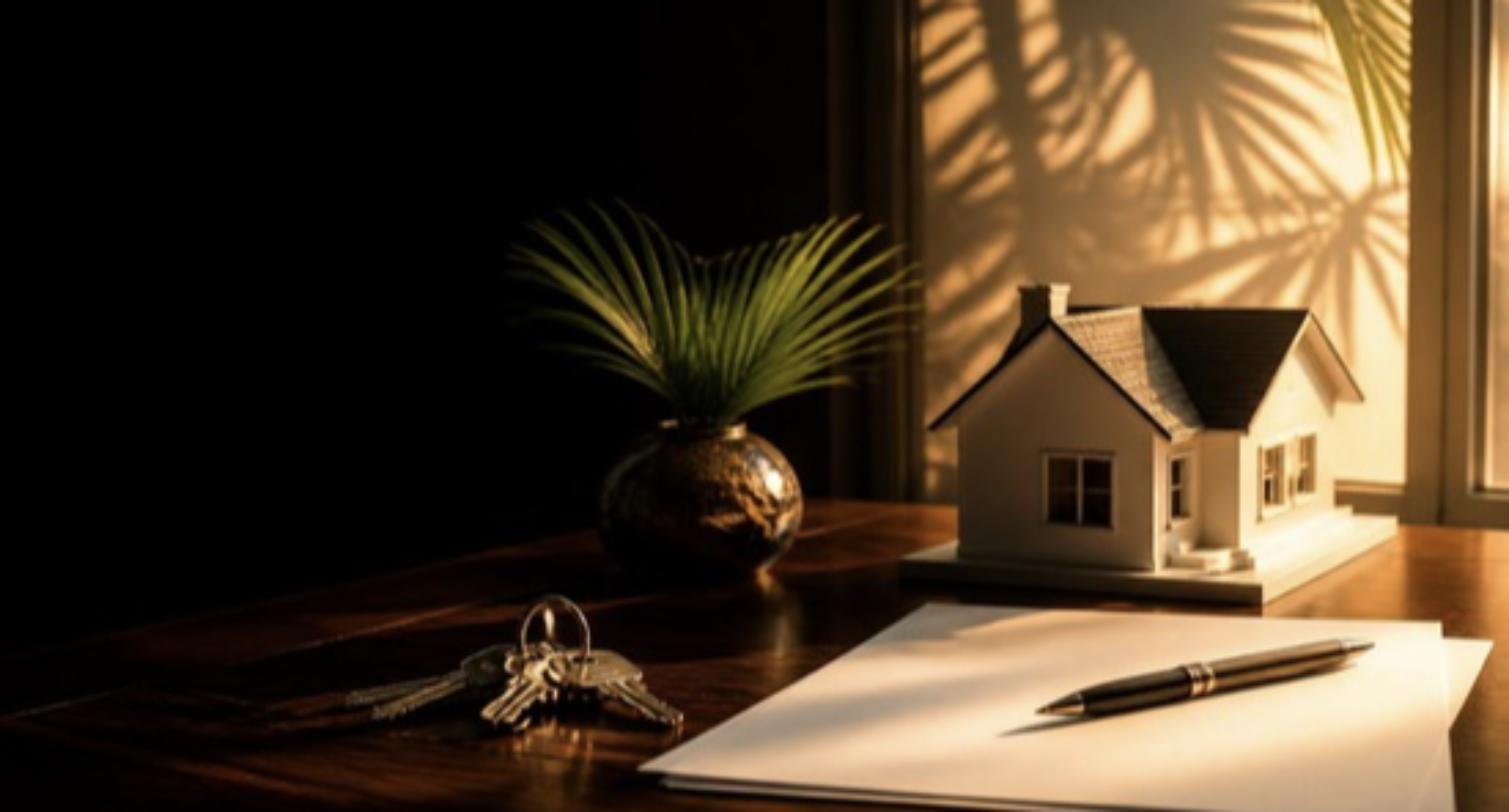 House keys, a model home and loan paperwork on a desk in warm Florida light (AI-generated illustration)