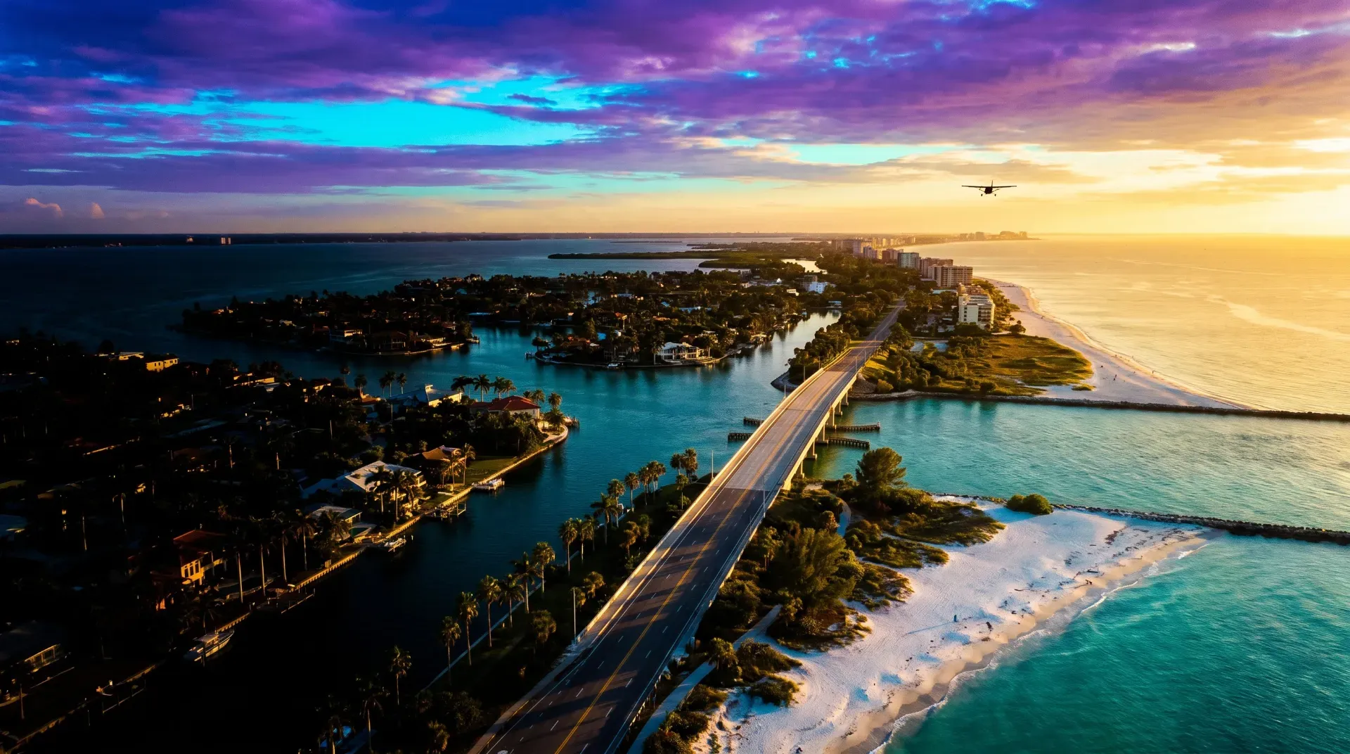 Southwest Florida Gulf Coast waterfront homes at sunset